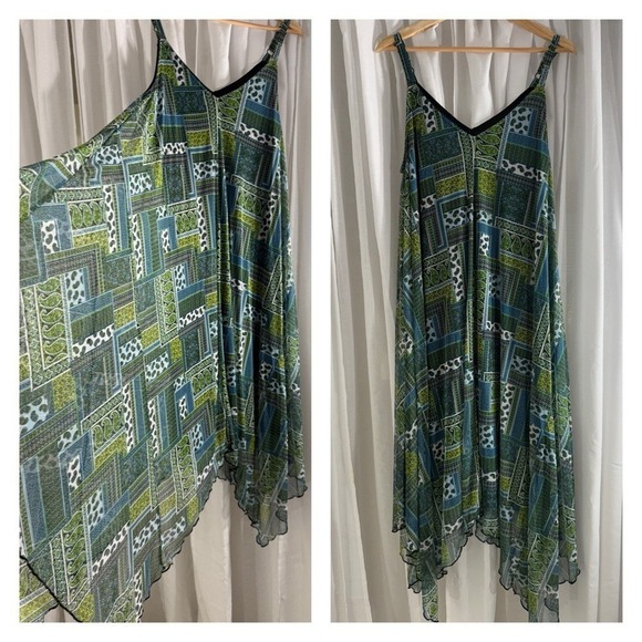 VTG Y2K Boho Dress XL Green Blue Patchwork Handkerchief Hem Flowy Light Fairy - Picture 5 of 13